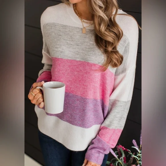 Colorblock Women’s Crew Neck Striped Pink, Purple, Gray Spring Sweater, Size M - Picture 2 of 12